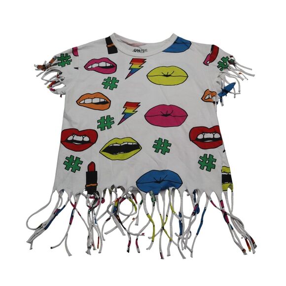 On Fire Shirt Womens L Multicolor Short Sleeve Crew Neck Fringe Hem Tee - Picture 1 of 14